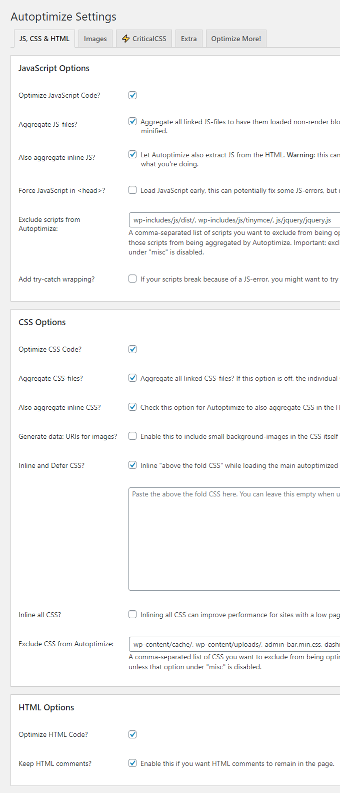 Autoptimize js css html settings