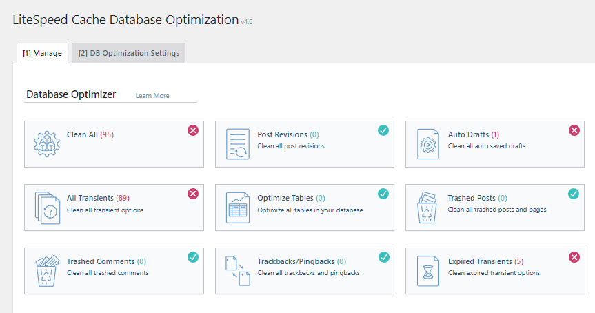 Litespeed cache database settings