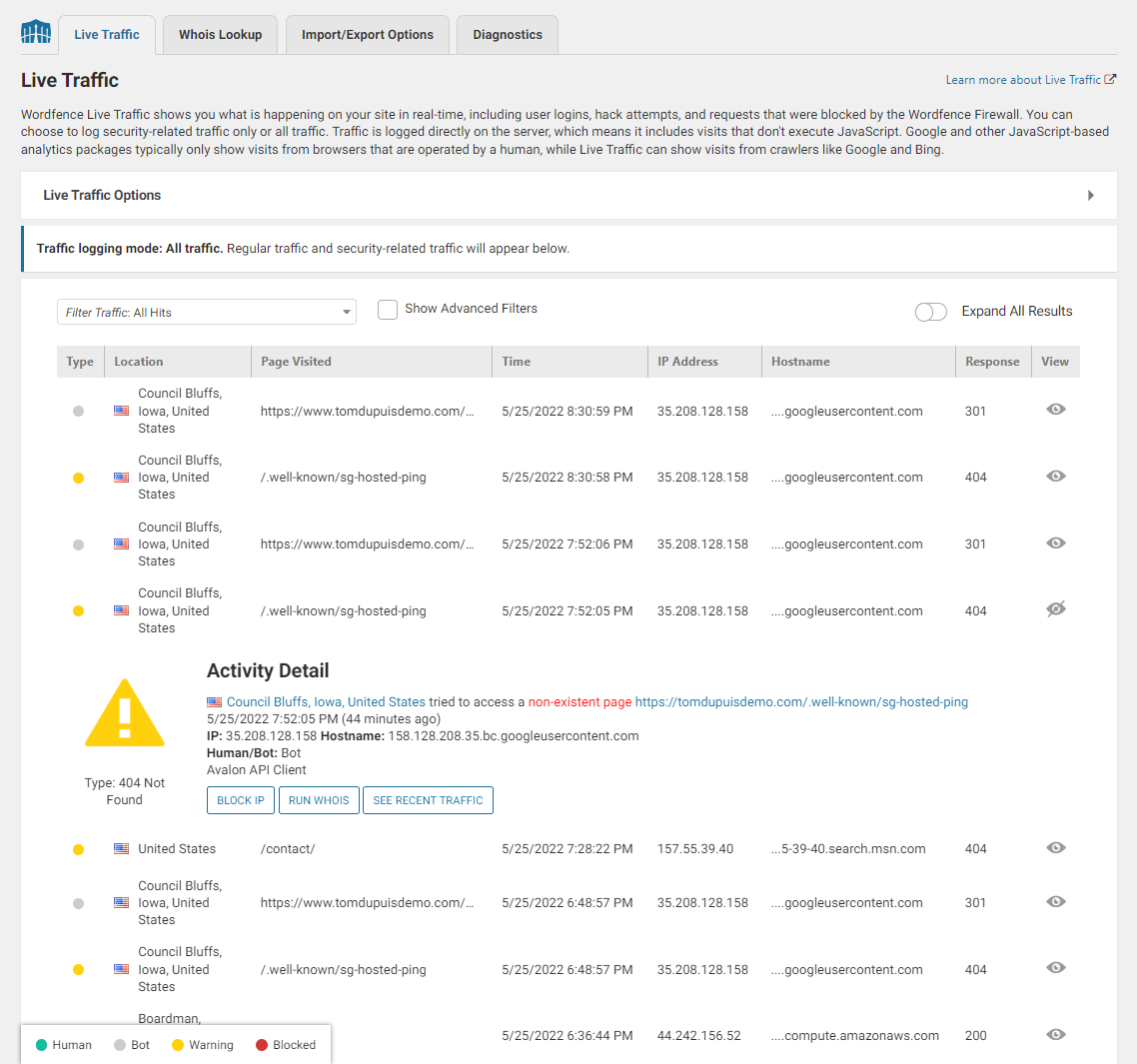 Wordfence live traffic siteground