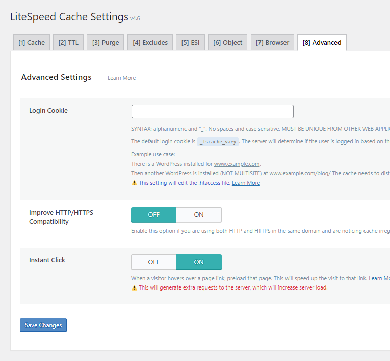 Litespeed cache advanced settings