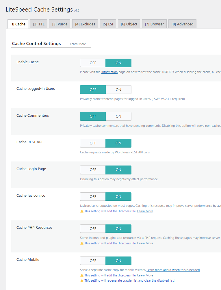 Litespeed cache cache control settings