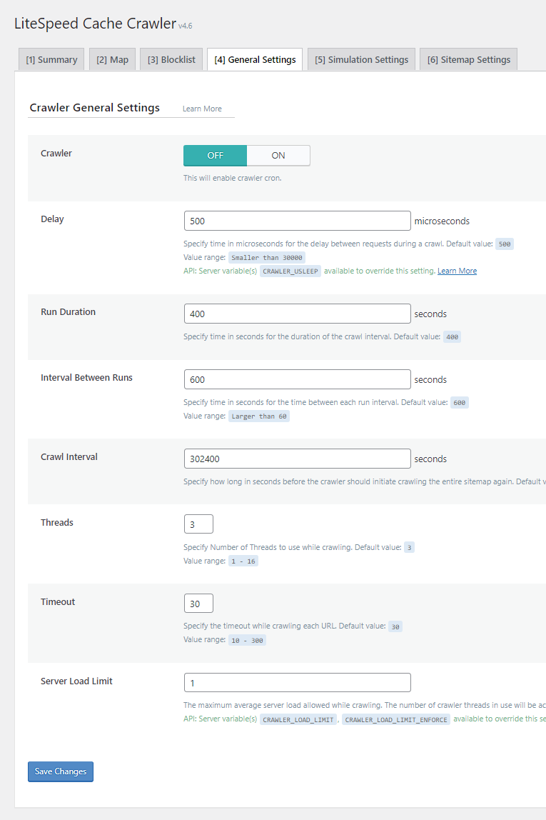 Litespeed cache crawler settings