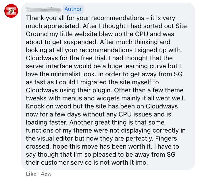 Siteground to cloudways happy customer