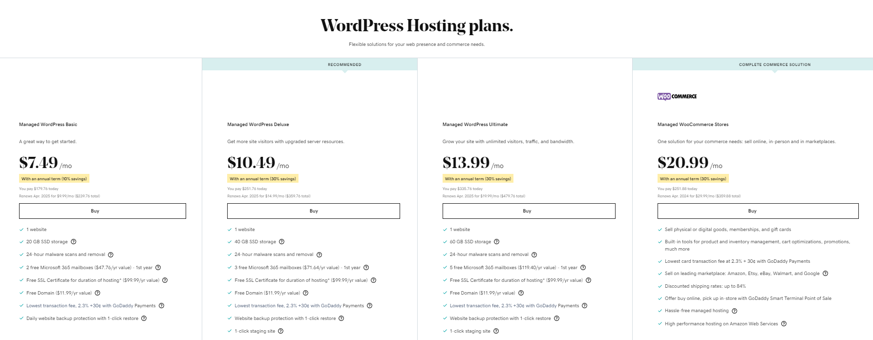 Godaddy WordPress Planos de hospedagem 1