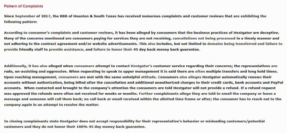 Hostgator bbb pattern of complaints
