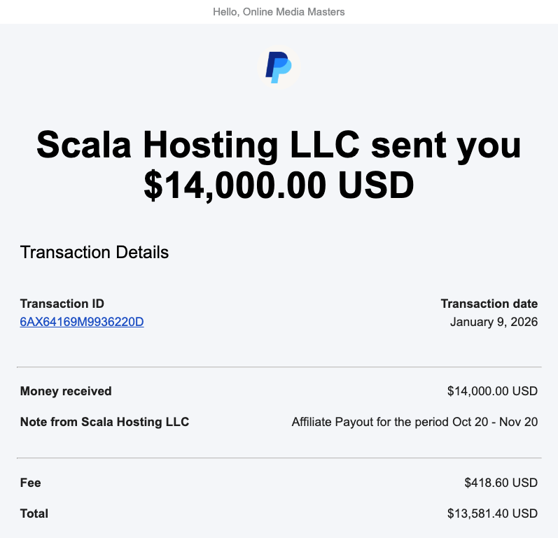 Scalahosting affiliate payout