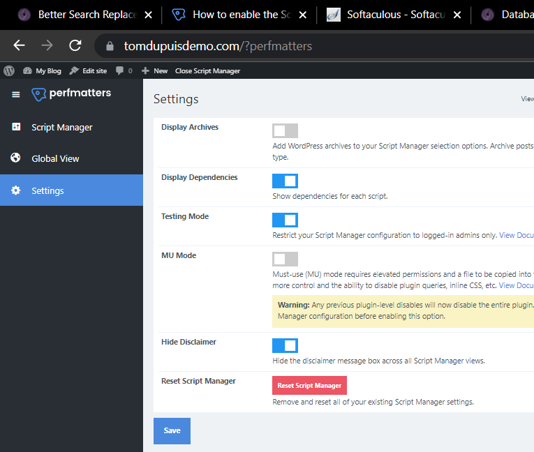 Perfmatters script manager settings