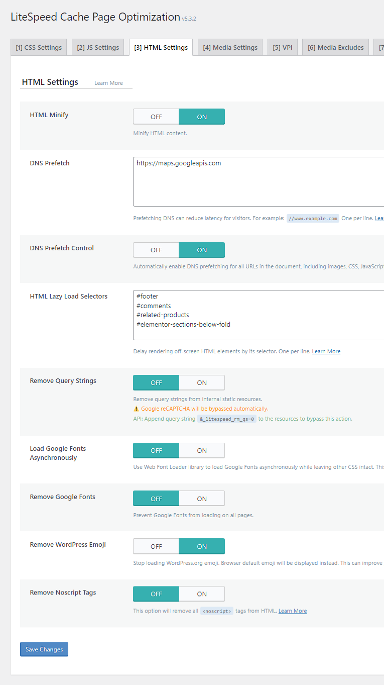 Litespeed cache html settings