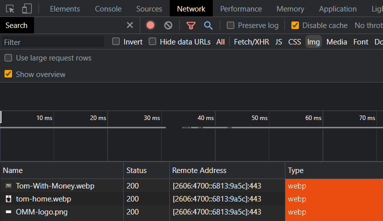 Test webp images chrome dev tools