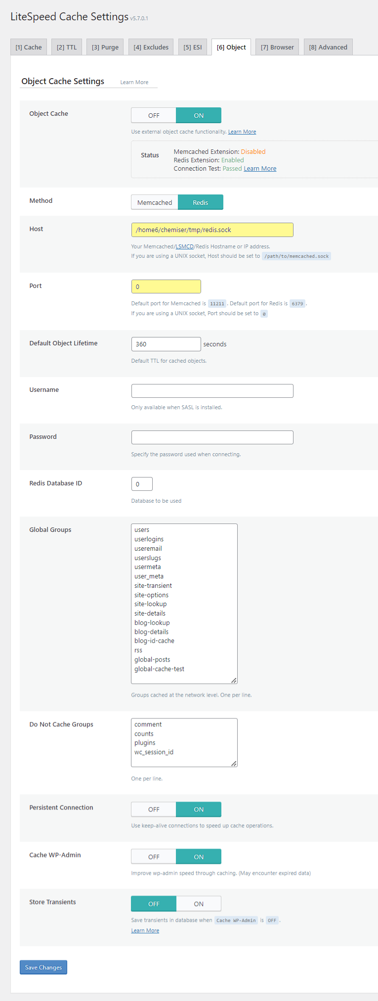 Litespeed cache object cache settings