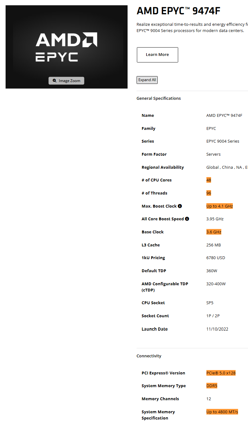 Amd epyc 9474f cpu specs