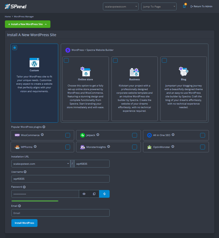 Scalahosting spanel wordpress manager