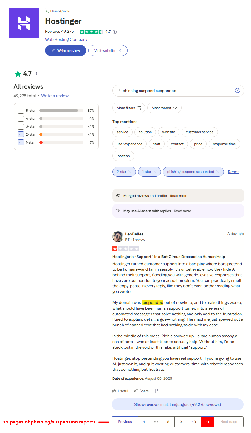 Hostinger trustpilot phishing suspension reports