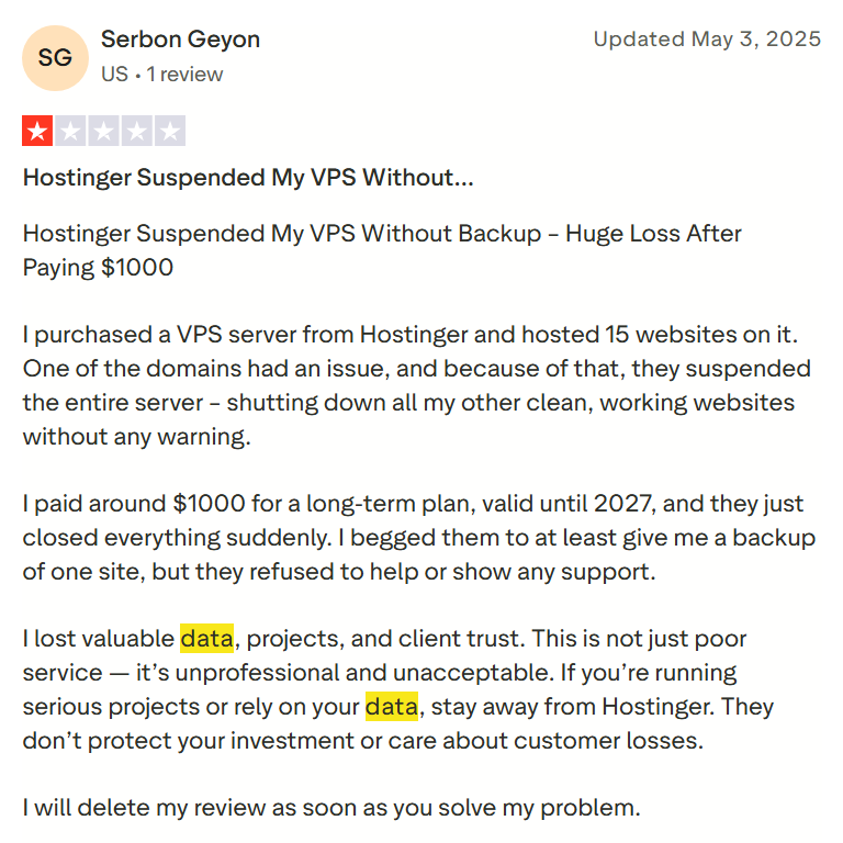 Hostinger vps suspended data loss