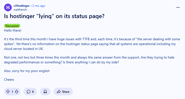 Is hostinger lying on status page
